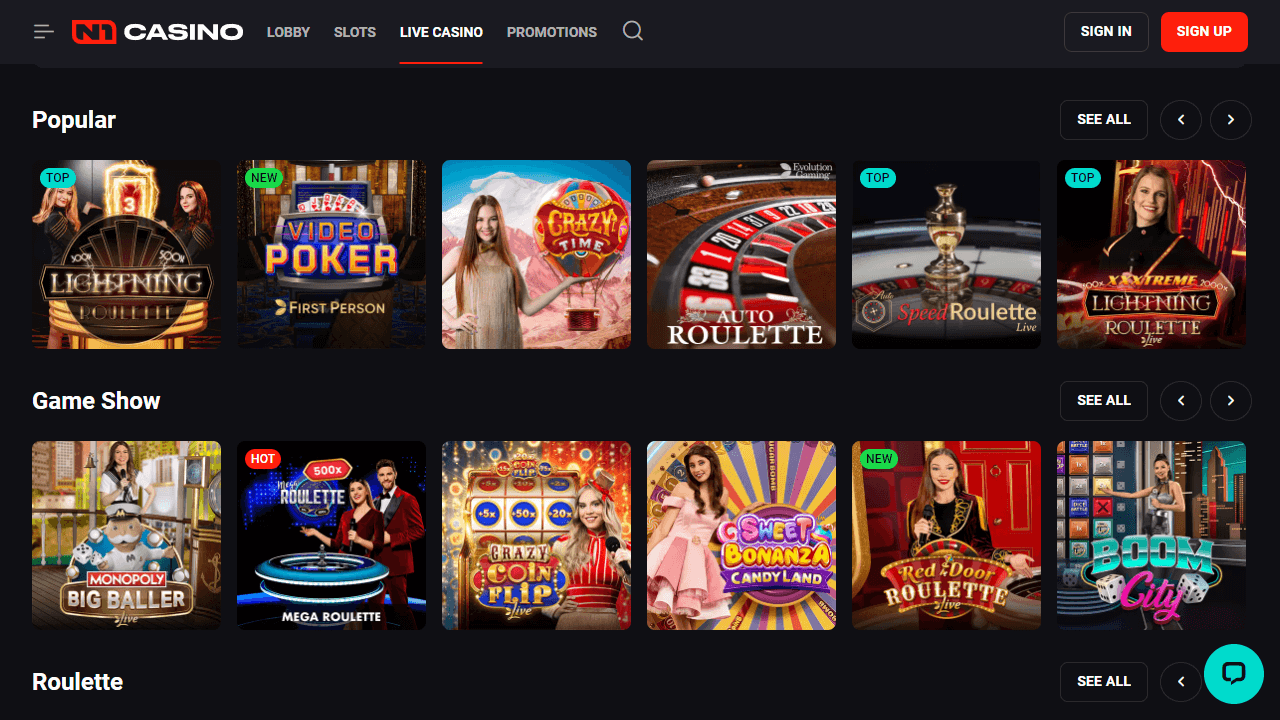 N1 Casino live casino screenshot