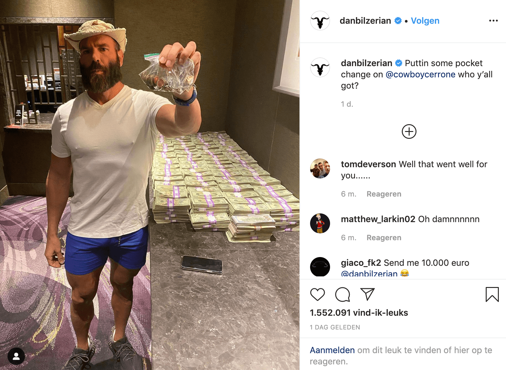 Instagram ster Dan Bilzerian verliest 1 miljoen dollar in 40 seconden