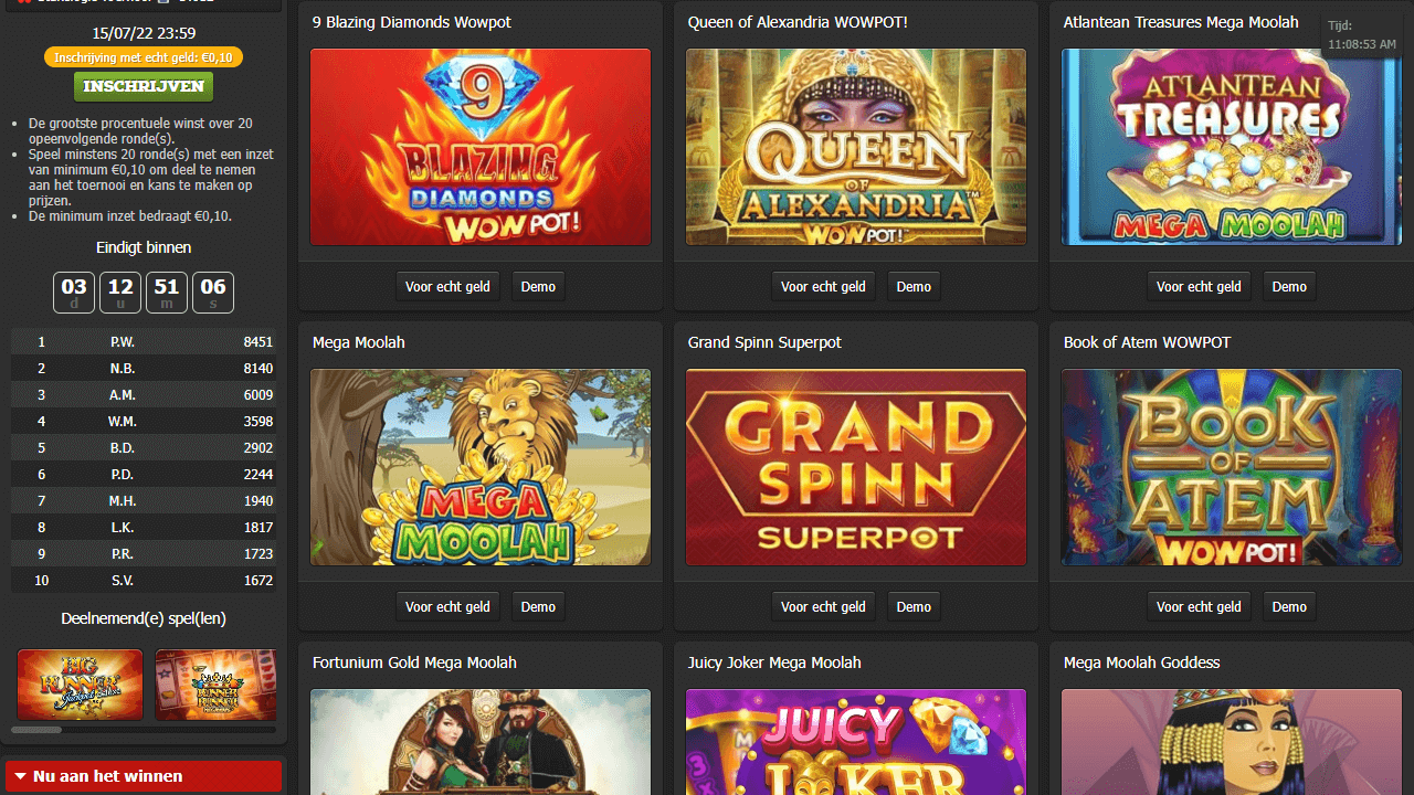 Een screenshot van het jackpot gokkasten aanbod van Bingoal