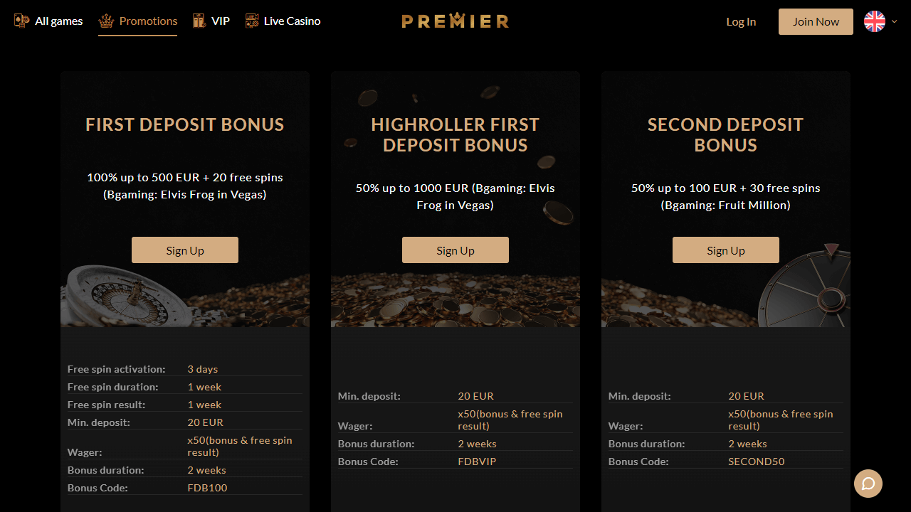 Premier Casino bonus screenshot