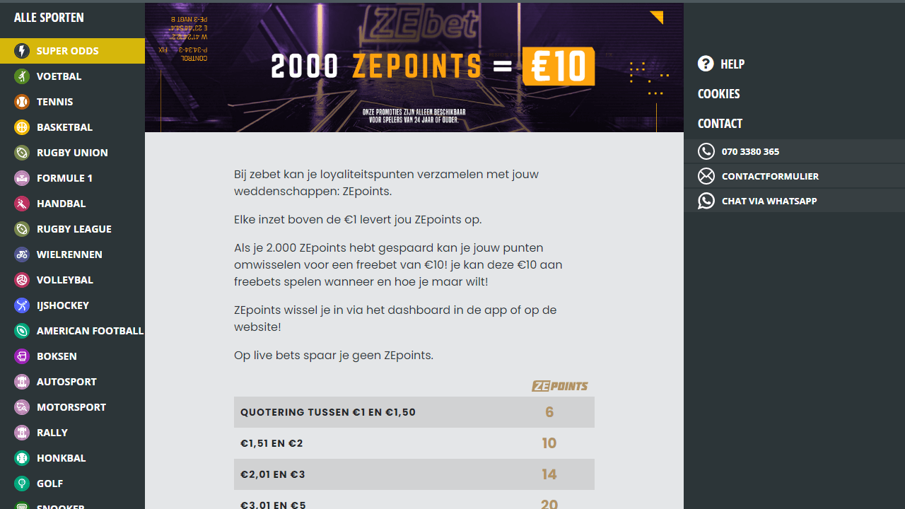 Een screenshot van het loyaliteisprogramma van ZEbet