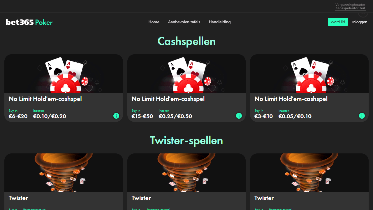 Een screenshot van het poker aanbod van Bet365