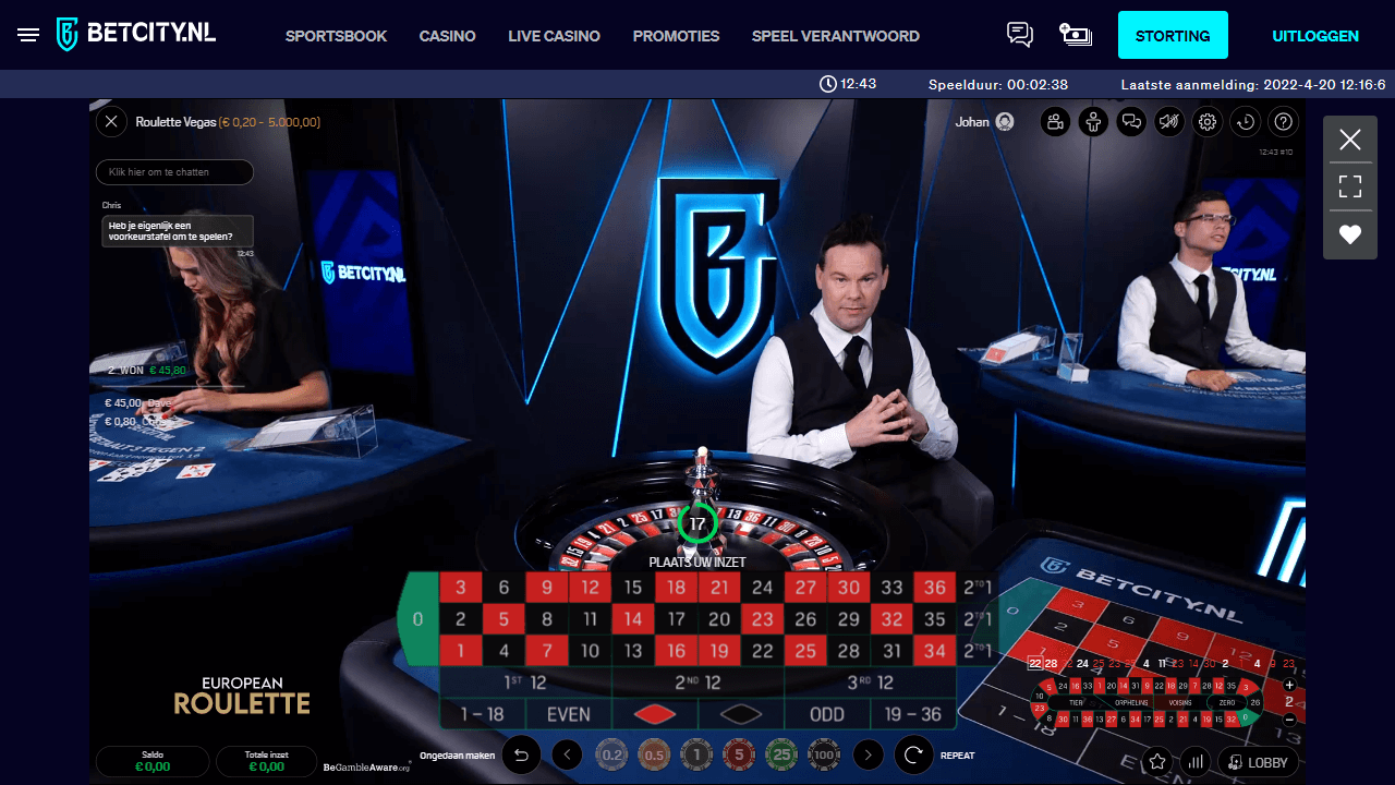 Een screenshot van het BetCity live roulette spel