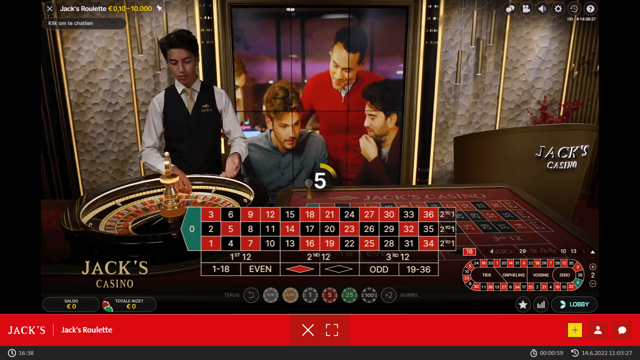 Een screenshot het live roulette spel van Jack's Casino