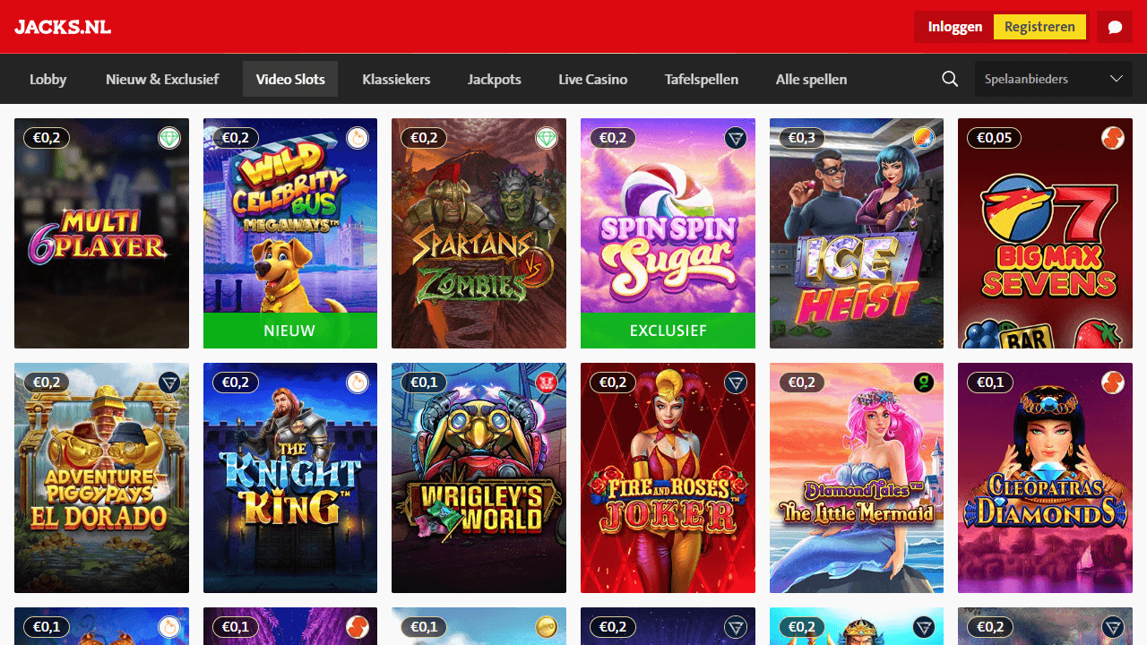 Een screenshot van de gokkasten sectie van Jack's Casino