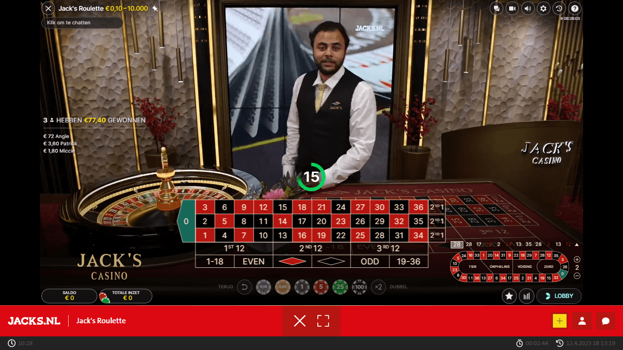 Een screenshot het live roulette spel van Jack's Casino
