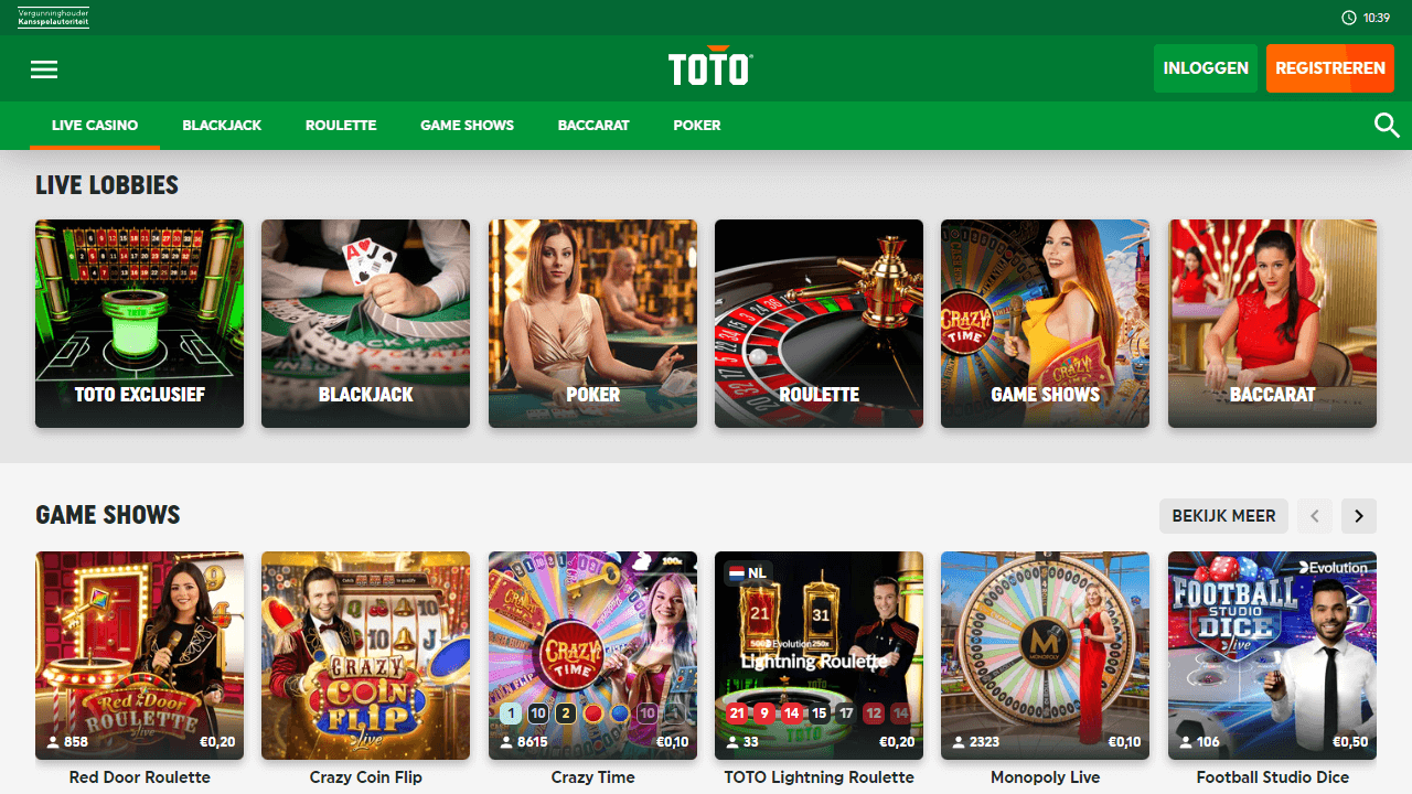 Een screenshot van het live casino van TOTO Casino