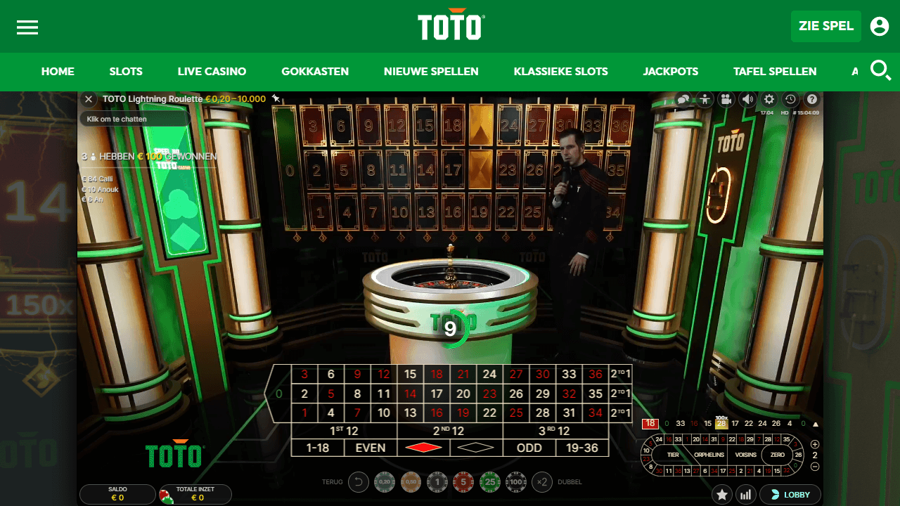 Een screenshot van het Lightning Roulette spel van TOTO Casino
