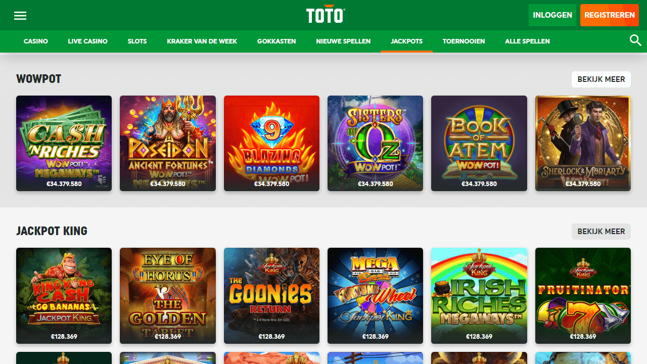 Een screenshot van de jackpotgokkasten sectie van TOTO Casino