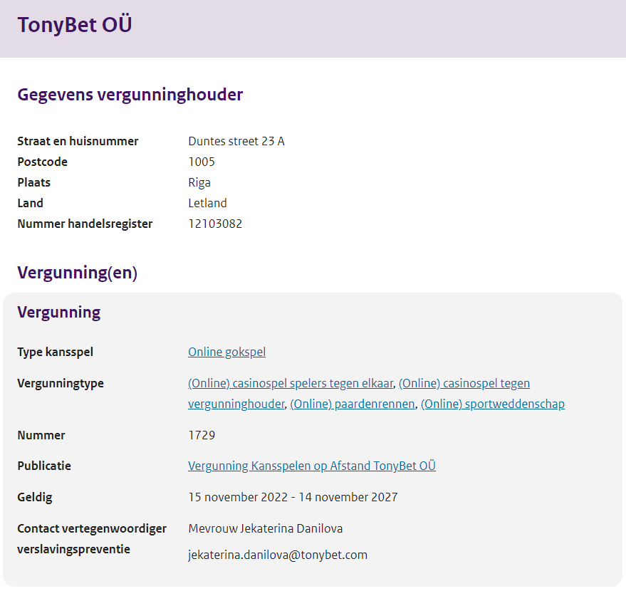 De Nederlandse KSA licentie van Tonybet