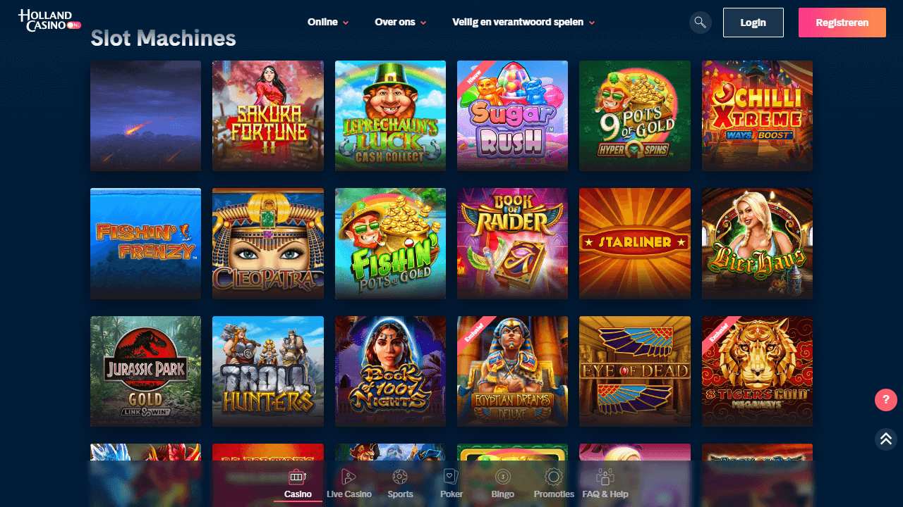 Een screenshot van de gokkasten sectie van Holland Casino