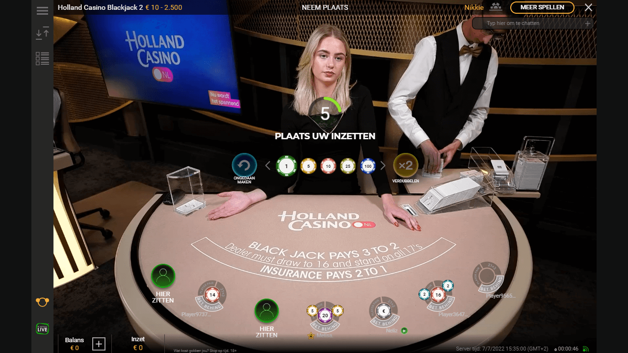 Een screenshot van het live roulette spel van Holland Casino in scheveningen