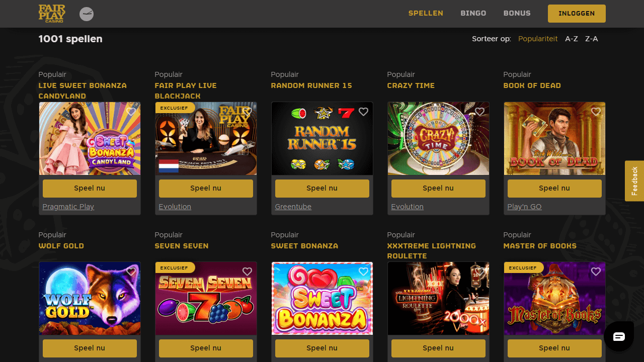 Een screenshot van de gokkasten sectie van Fair Play Casino