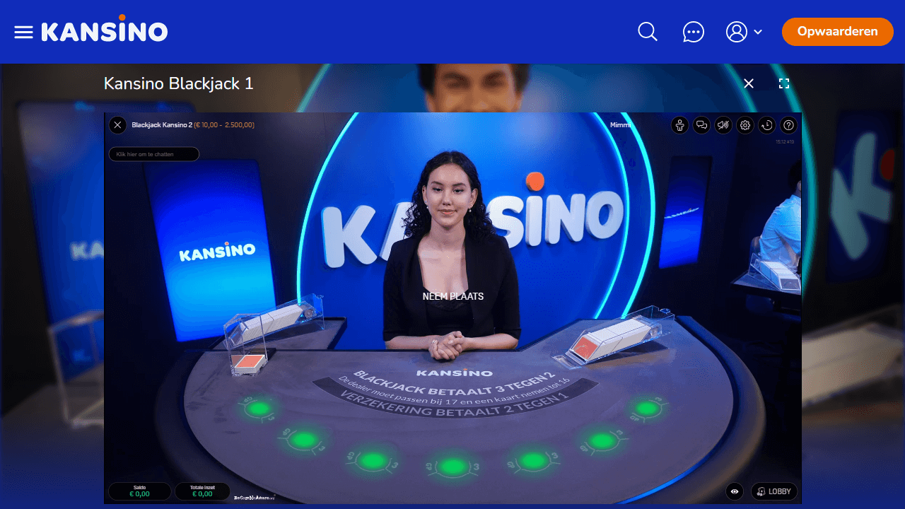 Een screenshot van het branded live blackjack spel van Kansino