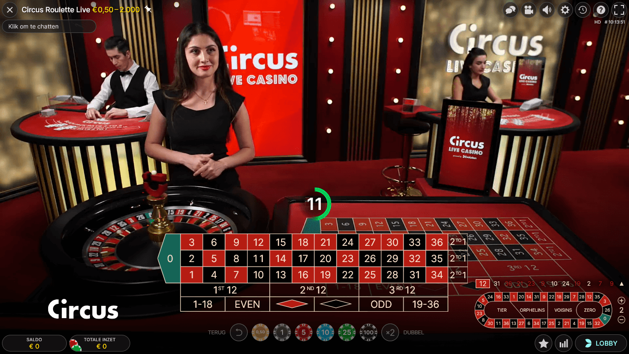 Een screenshot van het branded Circus Casino live roulette spel