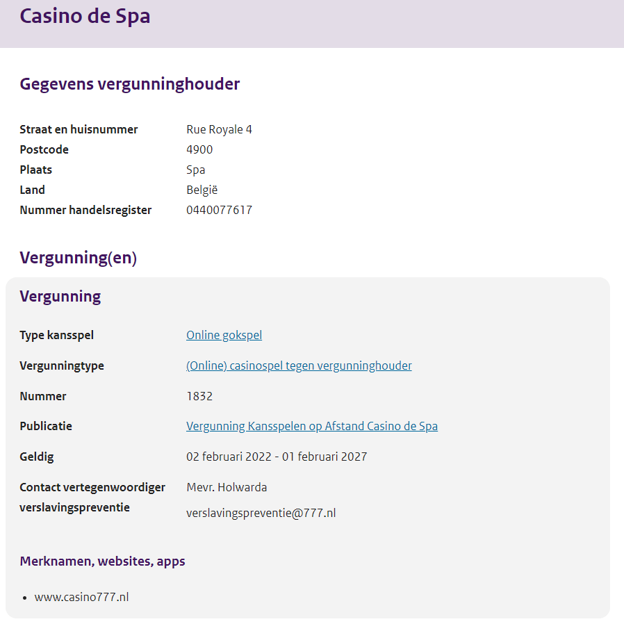 De KSA online casino licentie van Casino 777