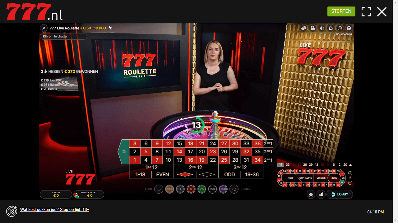 Een screenshot van het 777 Casino live roulette spel