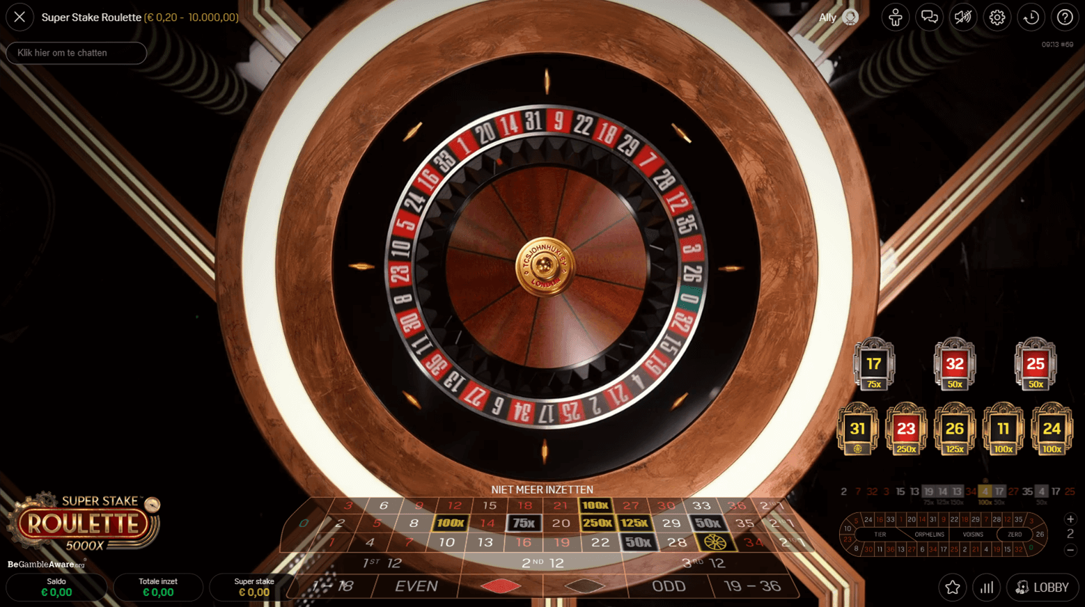 screenshot van het roulette wiel van Super Stake Roulette van Stakelogic Live