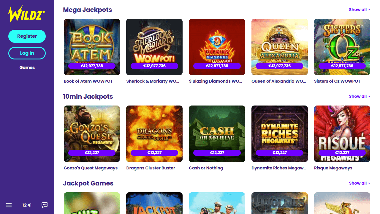 Een screenshot van de jackpot gokkasten sectie van Wildz Casino