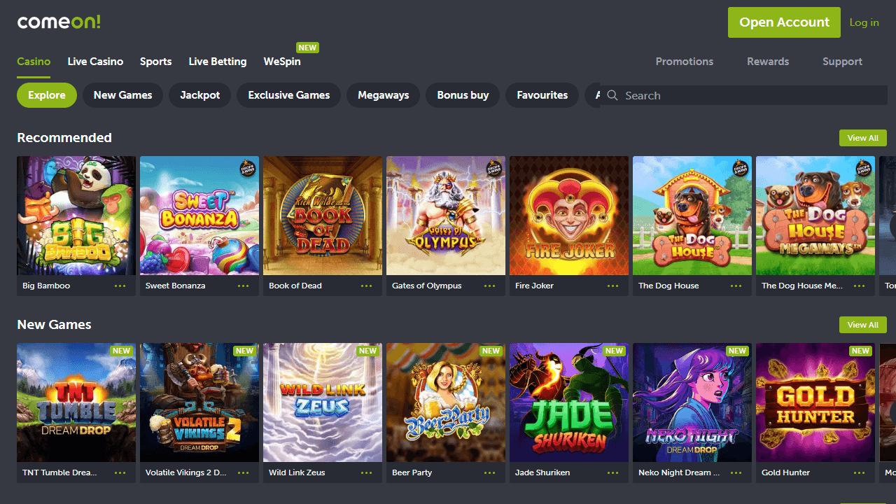 Screenshot van het gokkasten aanbod van ComeOn Casino