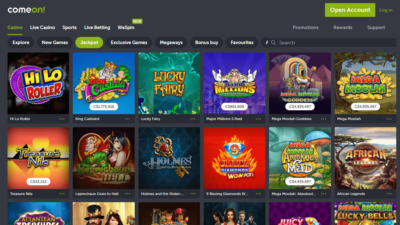 Screenshot van het jackpotgokkasten aanbod van ComeOn Casino