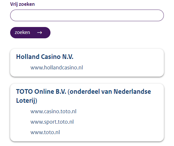 Screenshot van de kansspelwijzer van de Nederlandse Kansspelautoriteit